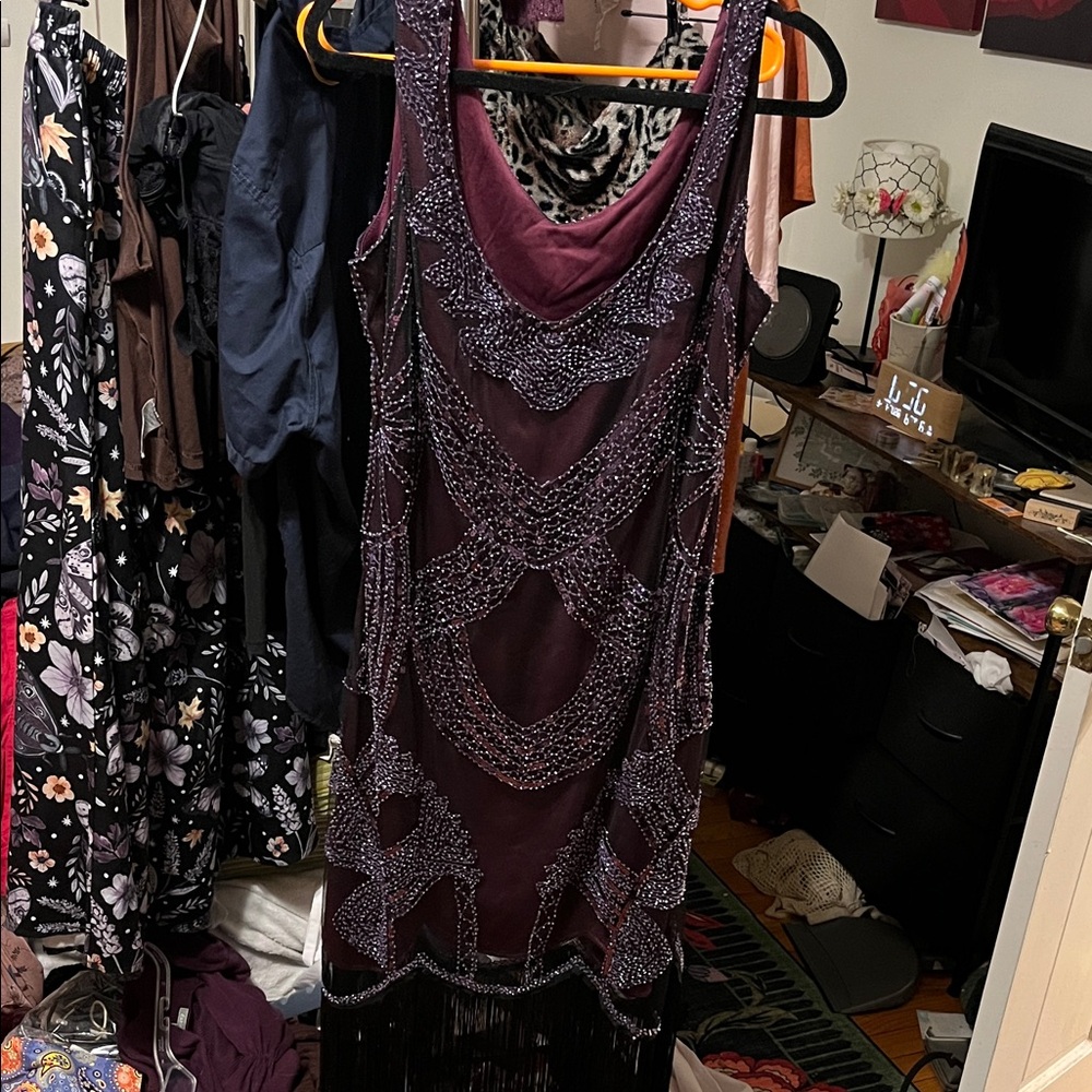 FA Women's Beaded Midi Dress in Deep Plum and Black Fringe